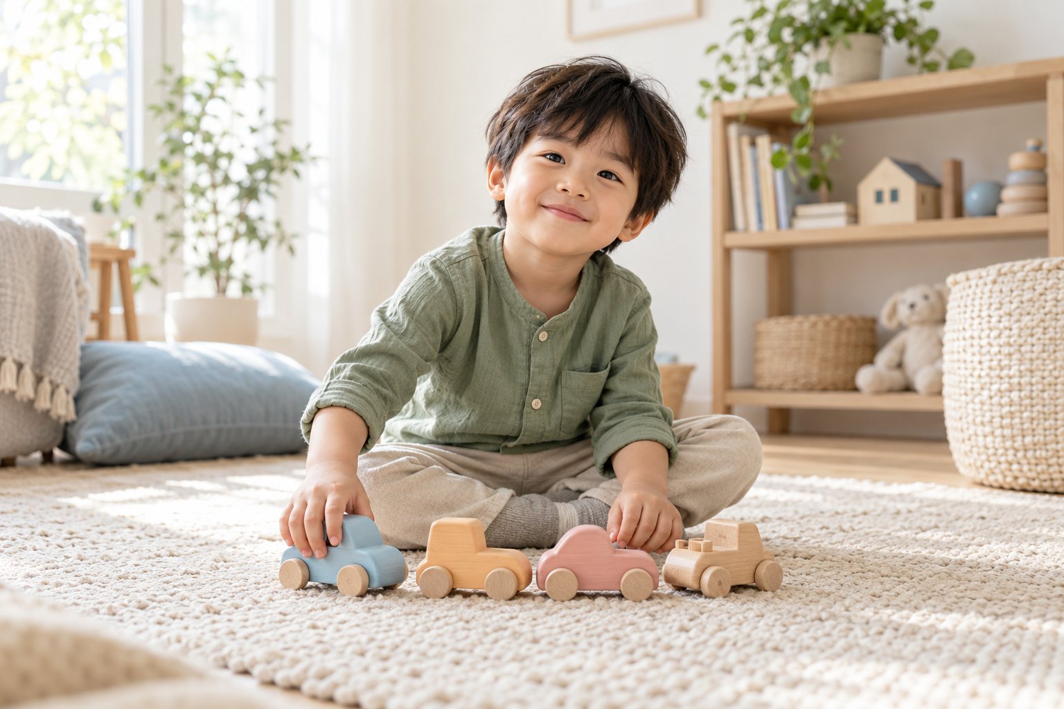 A young child smiling while arranging wooden toy cars on a rug.