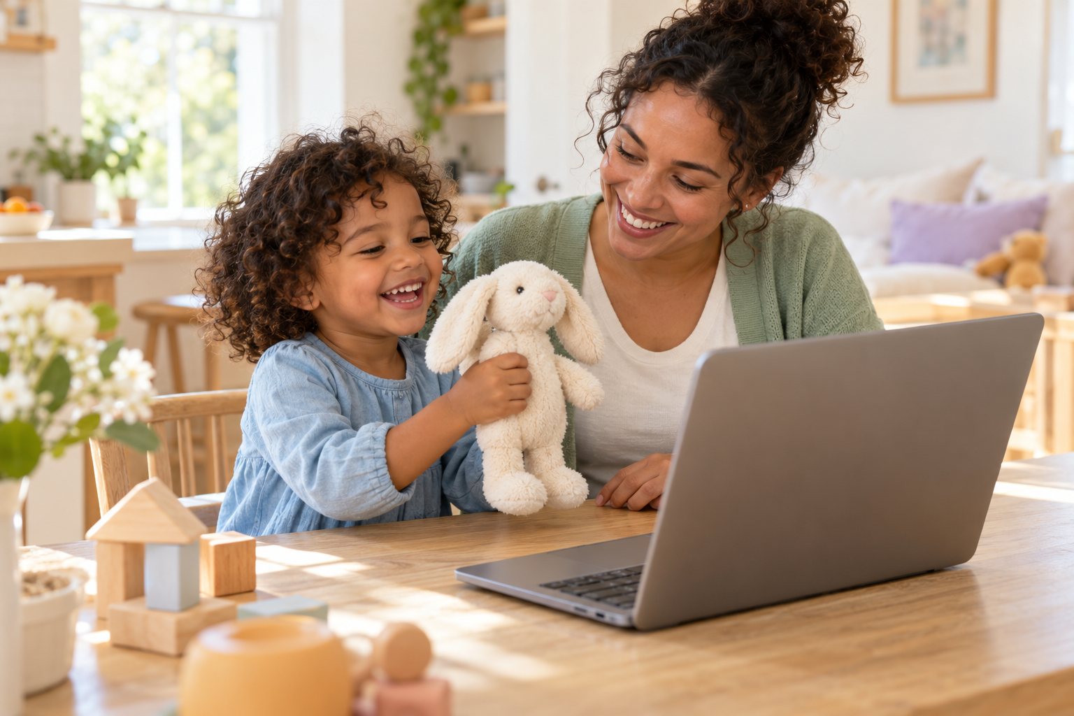 A parent and young child smiling with a stuffed rabbit beside a laptop at home.