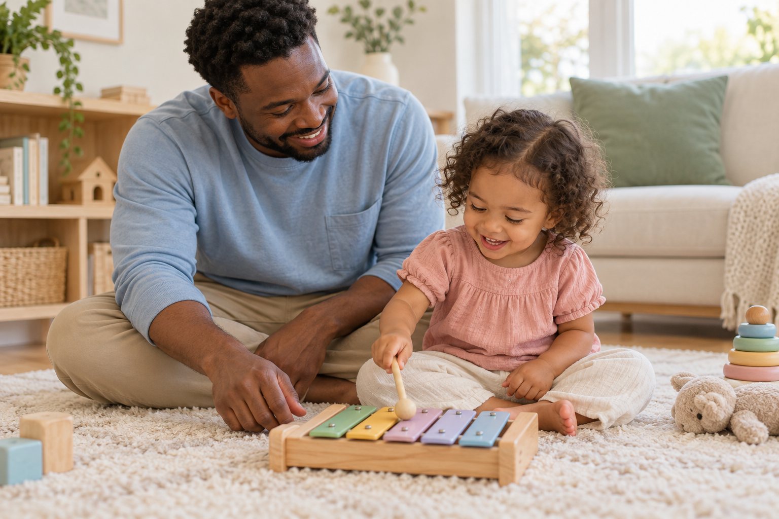 A father and toddler smiling while playing a small wooden xylophone.