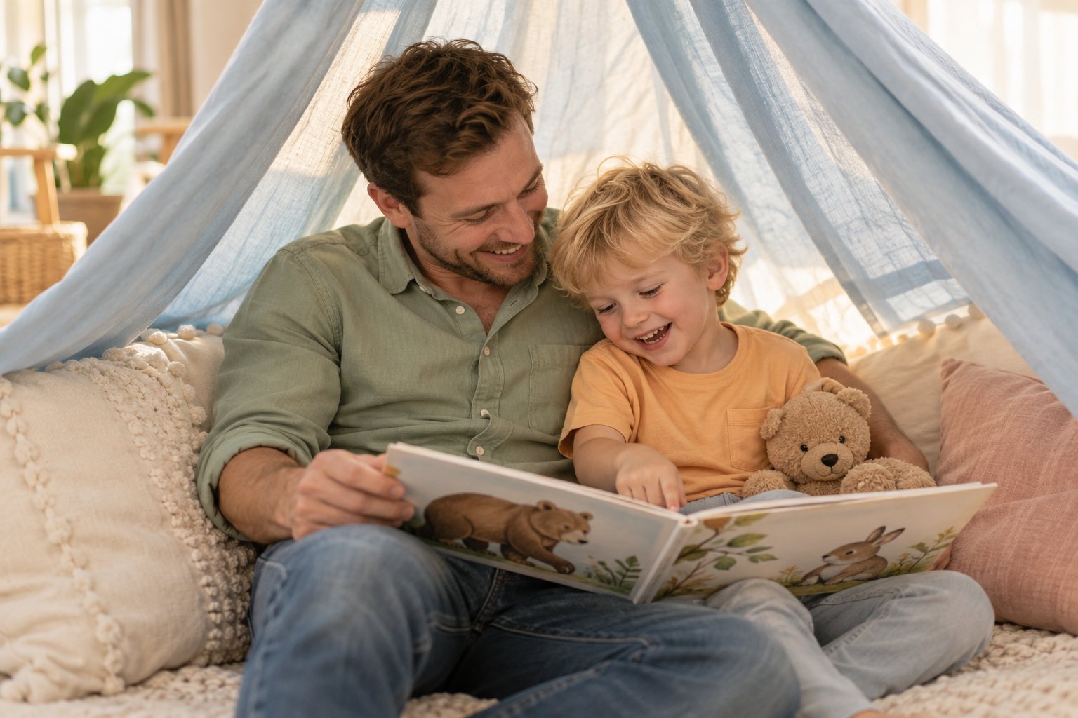 A father and young child laughing together over a picture book.