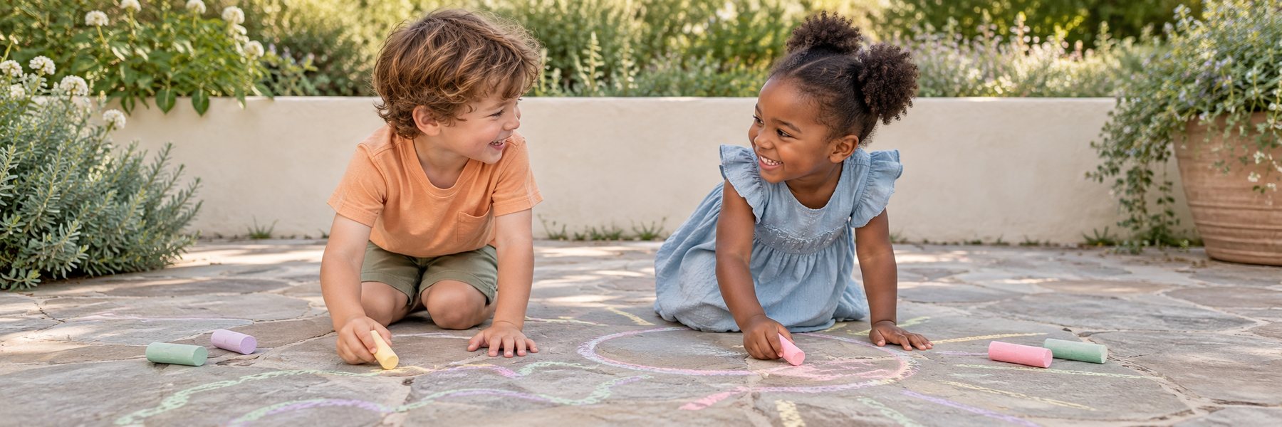 Two preschool friends drawing with pastel chalk on a garden patio.