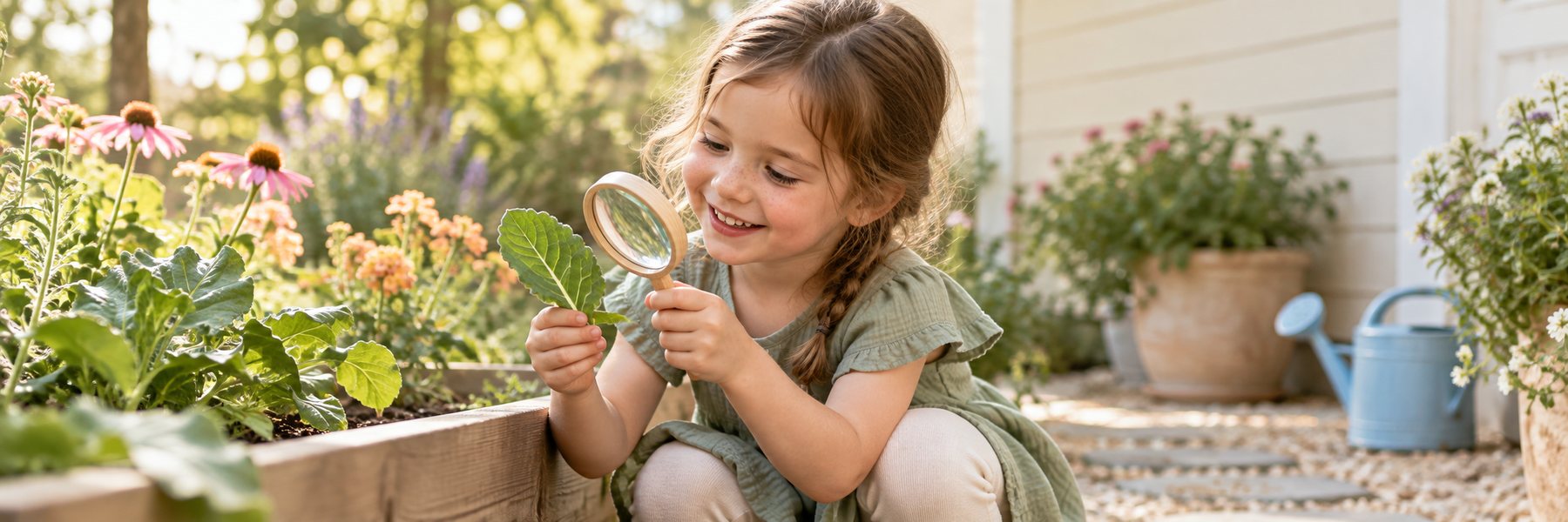 A young child smiling while examining a leaf in a garden.