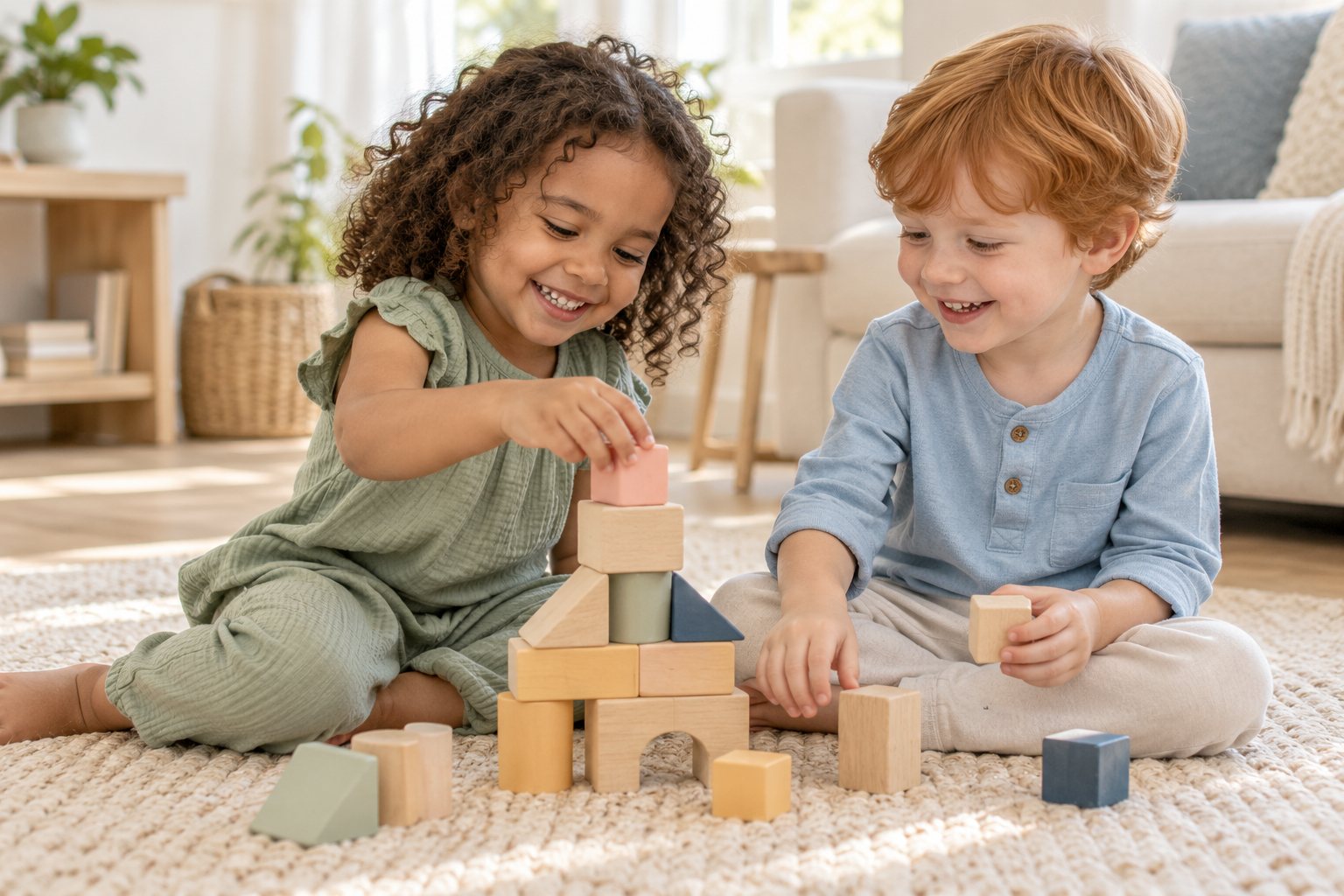 Two young children smiling as they build with wooden blocks.