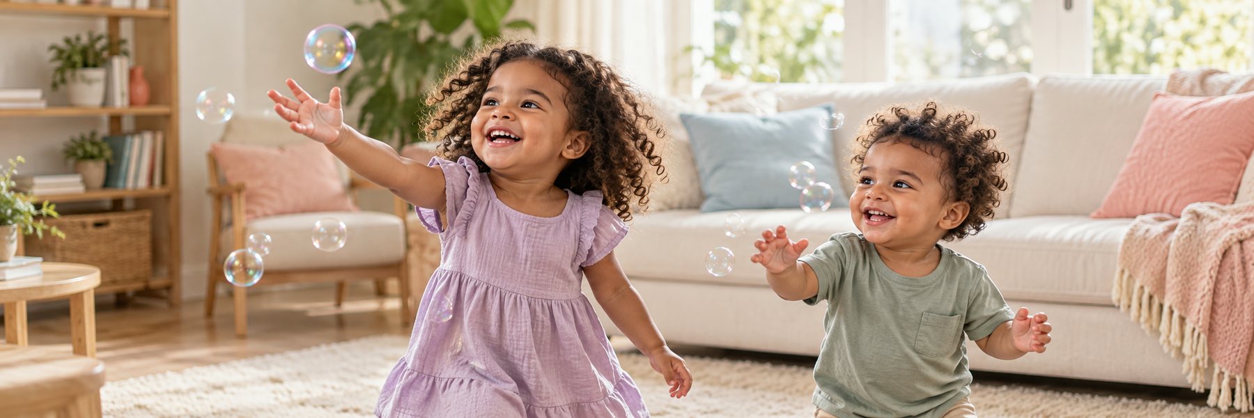 Two young children laughing and reaching for soap bubbles in a bright living room.