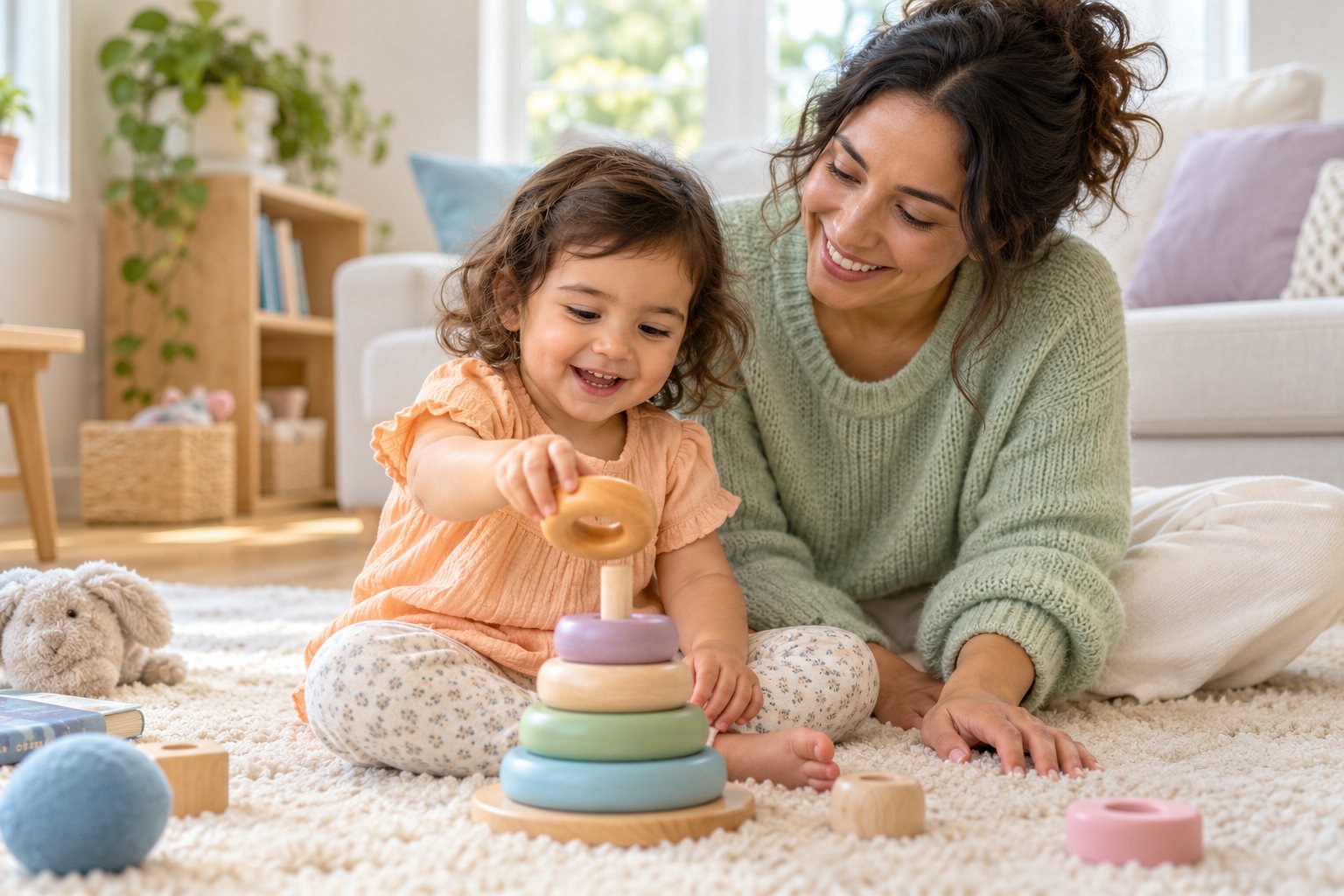 A toddler and parent enjoying a wooden stacking toy together.