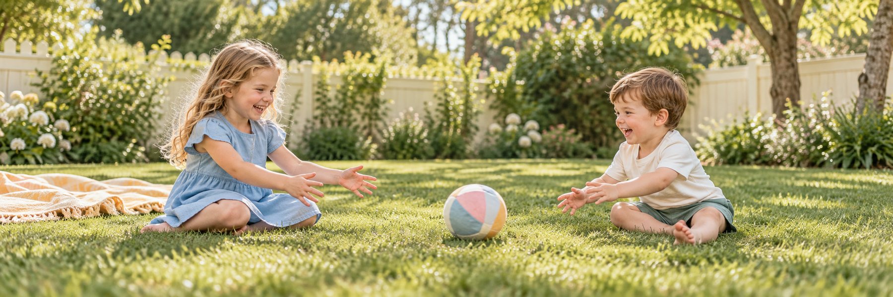 Two young siblings smiling as they roll a ball across a sunny lawn.